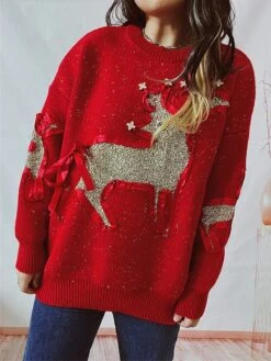 Women's Ugly Christmas Sweater Pullover Sweater Jumper Crew Neck Ribbed Knit Polyester Patchwork Fall Winter Regular Outdoor Christmas Daily Stylish Casual Soft Long Sleeve Elk Red Beige S M L -Xmas Cothing Store rogoit1696918502625
