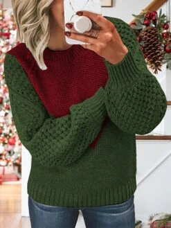 Women's Crew Neck Pullover Sweater Jumper Cable Knit Polyester Patchwork Fall Winter Regular Christmas Going Out Stylish Soft Long Sleeve Color Block Wine Army Green S M L