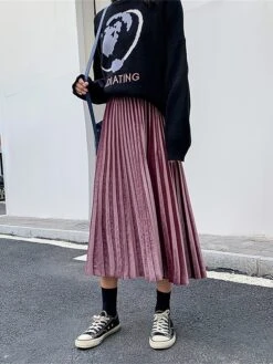 Women's Skirt A Line Swing Midi Gold Velvet Wine Red Black Pink Navy Blue Skirts Fall & Winter Pleated High Waist Fashion Elegant Christmas Xmas Street M L XL -Xmas Cothing Store roymul1694689572653