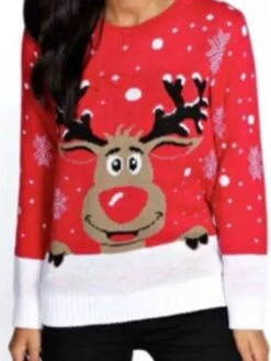 Women's Ugly Christmas Sweater Pullover Sweater Jumper Crew Neck Ribbed Knit Nylon Patchwork Knitted Fall Winter Xmas Holiday Stylish Casual Soft Long Sleeve Animal Snowflake Black Red S M L