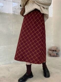 Women's Skirt Long Skirt Midi Cotton Wine Skirts Fall & Winter Plaid Print High Waist Fashion Elegant Christmas Street Xmas S M L