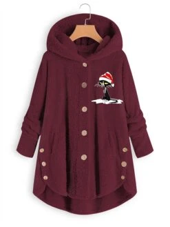Women's Fleece Jacket Sherpa Jacket Teddy Coat Windproof Warm Outdoor Christmas Daily Wear Vacation Button Pocket Print Single Breasted Hoodie Plush Casual Daily Modern Xmas Cat Regular Fit -Xmas Cothing Store ruxlgp1667466548123 1