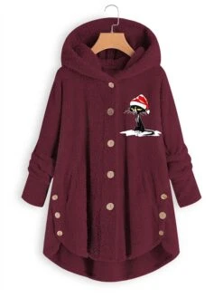 Women‘s Plus Size Christmas Fleece Jacket Teddy Coat Warm Button Pocket Cat Hat Causal Xmas Long Sleeve Hooded Regular Winter Fall Black Pink Wine L XL XXL 3XL 4XL -Xmas Cothing Store ruxlgp1667466548123