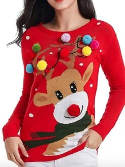 Women's Ugly Christmas Sweater Pullover Sweater Jumper Crew Neck Ribbed Knit Acrylic Knitted Fall Winter Outdoor Xmas Daily Stylish Casual Soft Long Sleeve Animal Elk Red S M L