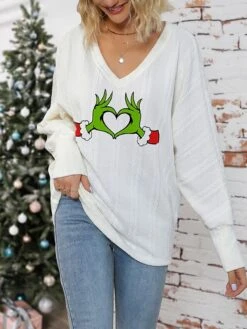 Women's Pullover Sweater Jumper V Neck Ribbed Knit Print Fall Winter Regular Christmas Soft Long Sleeve Animal White Light Green S M L