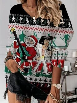 Women's Ugly Christmas Sweater Pullover Sweater Jumper Crew Neck Ribbed Knit Polyester Knitted Print Fall Winter Regular Outdoor Xmas Holiday Daily Stylish Casual Long Sleeve Print Black Wine S