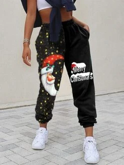 Women's Sweatpants Pants Trousers Harem Pants Full Length Active Vacation Outdoor Christmas Pure Black + Red Bottom Deer Moon Shaped Santa Claus S M Fall Winter -Xmas Cothing Store rwpnbp1696839086986