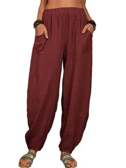 Women's Linen Pants Pants Trousers Harem Pants Full Length Linen Cotton Blend Pocket High Waist Active Vacation Xmas Home Christmas Wine Black S M Winter Autumn / Fall -Xmas Cothing Store rwusup1695347102960