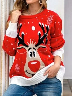 Women's Ugly Christmas Sweater Pullover Sweater Jumper Crew Neck Ribbed Knit Acrylic Knitted Fall Winter Outdoor Xmas Holiday Stylish Casual Soft Long Sleeve Elk Snowflake Wine Red S M L