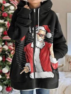 Women's Ugly Christmas Jacket Party Xmas Hooded Coat Santa Print Winter Drawstring Zipper Jacket Green Loose Fit Outerwear Long Sleeve Fall Claret S -Xmas Cothing Store rxxozx1697195717563