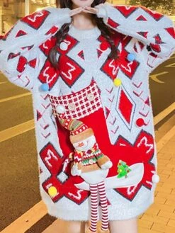 Women's Ugly Christmas Sweater Pullover Sweater Jumper Crew Neck Ribbed Knit Acrylic Knitted Fall Winter Outdoor Xmas Daily Stylish Casual Soft Long Sleeve Geometric Letter Santa Claus White Red -Xmas Cothing Store ryrmna1668219590926