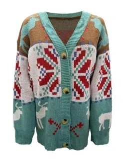 Women's Ugly Christmas Sweater Cardigan Sweater Jacket V Neck Ribbed Knit Polyester Button Knitted Fall Winter Regular Outdoor Christmas Daily Stylish Casual Soft Long Sleeve Geometric Color Block Elk -Xmas Cothing Store ryxclg1697290859395