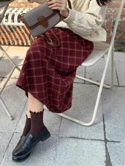 Women's Skirt Long Skirt Midi Cotton Wine Skirts Fall & Winter Plaid Print High Waist Fashion Elegant Christmas Street Xmas S M L -Xmas Cothing Store ryywbj1695351451699