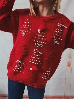 Women's Ugly Christmas Sweater Pullover Sweater Jumper Crew Neck Ribbed Knit Polyester Hollow Out Oversized Beads Fall Winter Regular Outdoor Christmas Daily Stylish Casual Soft Long Sleeve Christmas -Xmas Cothing Store rzqzzz1696903333096