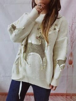 Women's Christmas Sweaters Pullover Sweater Jumper Crew Neck Chunky Knit Polyester Embroidery Spring Fall Winter Regular Christmas Daily New Year Fashion Cute Daily Long Sleeve Elk Red Beige S M L -Xmas Cothing Store rzyiyh1697539832018