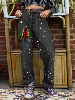 Women's Jeans Wide Leg Pants Trousers Full Length Vintage Streetwear Christmas Street Xmas Black Grey Dark Blue S M Fall Winter