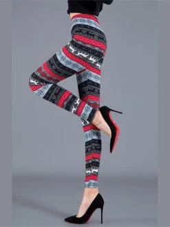 Women's Christmas Leggings Full Length Cotton Blend Print Micro-elastic High Waist Active Vacation Holiday Santa Claus Big Red Snowflake One-Size Fall Winter -Xmas Cothing Store sbpoiz1696232185595