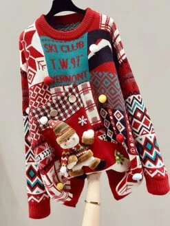 Women's Ugly Christmas Sweater Pullover Sweater Jumper Crew Neck Ribbed Knit Cotton Knitted Fall Winter Outdoor Xmas Daily Stylish Casual Soft Long Sleeve Geometric Letter Snowman White Red -Xmas Cothing Store sbrrqe1668155359319