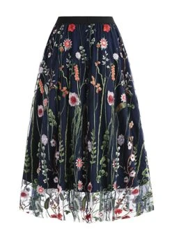 Women's Skirt Swing Midi Tulle Apricot Black White Red Skirts Fall & Winter Floral Embroidered High Waist Vintage Elegant Christmas Xmas Street M L XL -Xmas Cothing Store scjbjb1694271033276
