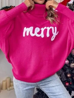 Women's Ugly Christmas Sweater Pullover Sweater Jumper Turtleneck Ribbed Knit Acrylic Oversized Batwing Sleeve Fall Winter Regular Xmas Daily Going Out Stylish Casual Soft Long Sleeve Letter Red -Xmas Cothing Store scjjlw1695209502998