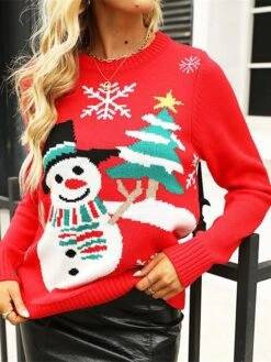 Women's Ugly Christmas Sweater Pullover Sweater Jumper Crew Neck Ribbed Knit Acrylic Knitted Fall Winter Outdoor Xmas Holiday Stylish Casual Soft Long Sleeve Snowman Christmas Tree Snowflake Red -Xmas Cothing Store scqusn1667811496252