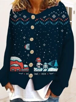 Women's Ugly Christmas Sweater Cardigan Sweater Crew Neck Ribbed Knit Polyester Patchwork Button Fall Winter Regular Outdoor Xmas Holiday Stylish Casual Soft Long Sleeve Christmas Tree Print