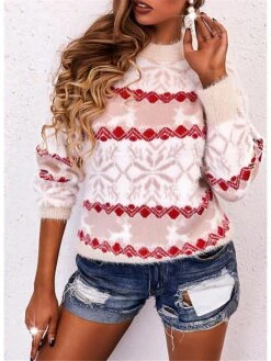Women's Ugly Christmas Sweater Pullover Sweater Jumper Crew Neck Ribbed Knit Cotton Blend Knitted Fall Winter Outdoor Xmas Holiday Stylish Casual Soft Long Sleeve Snowflake Pink Red Blue S M L -Xmas Cothing Store sfbfyd1666778100867