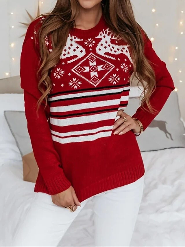 Women's Ugly Christmas Sweater Pullover Sweater Jumper Crew Neck Ribbed Knit Acrylic Patchwork Fall Winter Regular Xmas Daily Going Out Stylish Casual Soft Long Sleeve Elk Striped Snowflake Red 3 Women's Ugly Christmas Sweater Pullover Sweater Jumper Crew Neck Ribbed Knit Acrylic Patchwork Fall Winter Regular Xmas Daily Going Out Stylish Casual Soft Long Sleeve Elk Striped Snowflake Red