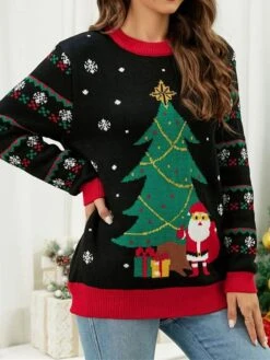 Women's Ugly Christmas Sweater Pullover Sweater Jumper Crew Neck Ribbed Knit Acrylic Oversized Fall Winter Short Xmas Daily Going Out Stylish Casual Soft Long Sleeve Santa Claus Christmas Tree -Xmas Cothing Store sglnja1695209505501