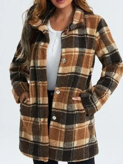 Women's Fleece Jacket Sherpa Jacket Coat Warm Breathable Outdoor Christmas Daily Vacation Xmas Pocket Single Breasted Turndown Plush Comfortable Street Style Shacket Plaid Regular Fit Outerwear Long -Xmas Cothing Store shcqcf1665214322866