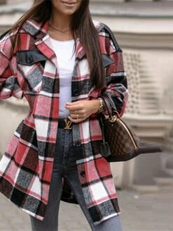 Women's Casual Jacket Windproof Warm Outdoor Christmas Vacation Xmas Smocked Single Breasted Turndown Street Shacket Stripes And Plaid Regular Fit Outerwear Long Sleeve Winter Fall Green Red