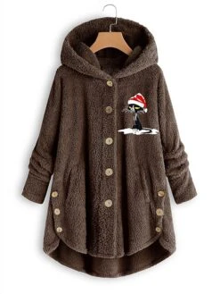 Women's Fleece Jacket Sherpa Jacket Teddy Coat Windproof Warm Outdoor Christmas Daily Wear Vacation Button Pocket Print Single Breasted Hoodie Plush Casual Daily Modern Xmas Cat Regular Fit -Xmas Cothing Store sidxth1667466548511 1