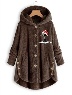 Women‘s Plus Size Christmas Fleece Jacket Teddy Coat Warm Button Pocket Cat Hat Causal Xmas Long Sleeve Hooded Regular Winter Fall Black Pink Wine L XL XXL 3XL 4XL -Xmas Cothing Store sidxth1667466548511