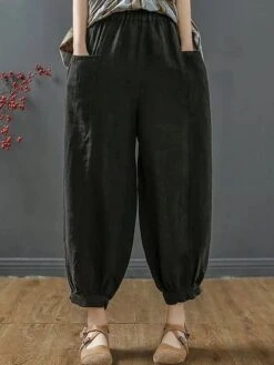 Women‘s Bloomers Baggy Cropped Pants Ankle-Length Cotton Pocket Cotton Linen Micro-elastic High Waist Streetwear Xmas Simple Outdoor Christmas Rice White Black M L Summer Fall -Xmas Cothing Store sjqwep1690959768111