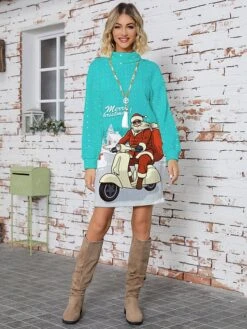 Women's Sweater Dress Turtleneck Ribbed Knit Print Fall Winter Long Christmas Xmas Stylish Soft Long Sleeve Letter Santa Claus Green Light Blue S M L
