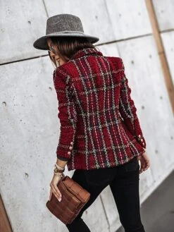 Women's Blazer Tweed Plaid Christmas Jacket Long Sleeve Coat Fall Winter Business Double Breasted Regular Jacket Green Brown XL 2XL 3XL -Xmas Cothing Store skmzow1638844053810