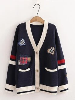 Women's Ugly Christmas Sweater Cardigan Sweater Jacket V Neck Ribbed Knit Polyester Button Pocket Embroidery Fall Winter Regular Outdoor Christmas Daily Stylish Casual Soft Long Sleeve Plaid Heart -Xmas Cothing Store smjccs1697785132443