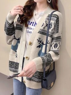 Women's Ugly Christmas Sweater Cardigan Sweater Jacket V Neck Ribbed Knit Polyester Button Pocket Knitted Fall Winter Regular Outdoor Christmas Daily Stylish Ethnic Style Casual Long Sleeve Geometric -Xmas Cothing Store snnayt1697291427147