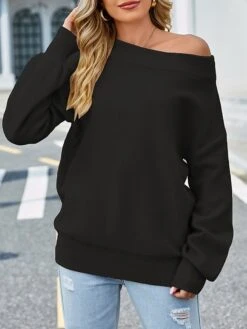 Women's Ugly Christmas Sweater Pullover Sweater Jumper Off Shoulder Ribbed Knit Acrylic Cold Shoulder Fall Winter Regular Outdoor Christmas Daily Stylish Casual Soft Long Sleeve Solid Color Black Red -Xmas Cothing Store snvcaf1696823519092