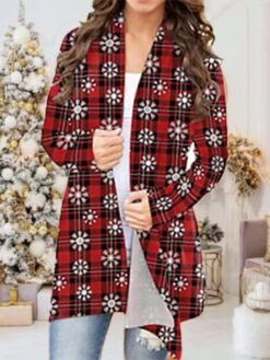 Women's Casual Jacket Windproof Warm Outdoor Christmas Daily Going Out Print Cardigan V Neck Contemporary Casual Daily Comfortable Xmas Plaid Regular Fit Outerwear Long Sleeve Fall Winter Black -Xmas Cothing Store socspd1668407881528