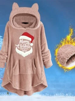 Women's Sherpa Jacket Fleece Jacket Teddy Coat Windproof Warm Outdoor Christmas Daily Wear Going Out Pocket Print Pullover Hoodie Comfortable Plush Christmas Letter Regular Fit Outerwear Long Sleeve -Xmas Cothing Store sodtui1667211813124
