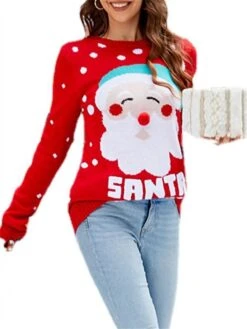Women's Ugly Christmas Sweater Pullover Sweater Jumper Crew Neck Ribbed Knit Acrylic Oversized Fall Winter Short Xmas Daily Going Out Stylish Casual Soft Long Sleeve Letter Santa Claus Red -Xmas Cothing Store sotabm1695262584312