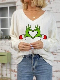 Women's Pullover Sweater Jumper V Neck Ribbed Knit Print Fall Winter Regular Christmas Soft Long Sleeve Animal White Light Green S M L -Xmas Cothing Store spzuic1697017572357