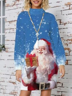 Women's Ugly Christmas Sweater Sweater Dress Christmas Sweaters Stand Collar Ribbed Knit Polyester Knitted Print Fall Winter Long Outdoor Christmas Holiday Daily Stylish Casual Long Sleeve Santa