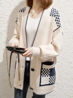 Women's Cardigan Sweater Open Front Ribbed Knit Polyester Button Pocket Fall Winter Short Outdoor Christmas Daily Stylish Casual Soft Long Sleeve Plaid Shallow Rice Red Orange One-Size Xmas -Xmas Cothing Store srshnj1695262427827