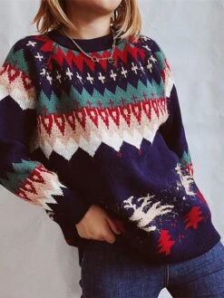 Women's Ugly Christmas Sweater Pullover Sweater Jumper Crew Neck Crochet Knit Acrylic Knitted Fall Winter Christmas Holiday Stylish Casual Soft Long Sleeve Xmas Tree White Red Navy Blue S M L -Xmas Cothing Store ssgeew1659415002087