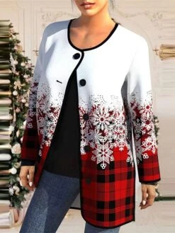 Women's Christmas Jacket Fall Snow Plaid Print Coat Single Breasted Crewneck Outerwear Long Sleeve Winter Party Xmas Outerwear