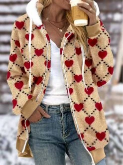 Women's Teddy Coat Fleece Sherpa Jacket Hooded Winter Coat Drawstring Zipper Coat Christmas Heart Print Warm Classic Loose Fit Outerwear Long Sleeve Fall Red