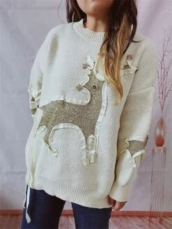 Women's Ugly Christmas Sweater Pullover Sweater Jumper Crew Neck Ribbed Knit Polyester Patchwork Fall Winter Regular Outdoor Christmas Daily Stylish Casual Soft Long Sleeve Elk Red Beige S M L -Xmas Cothing Store stiobp1696918506316