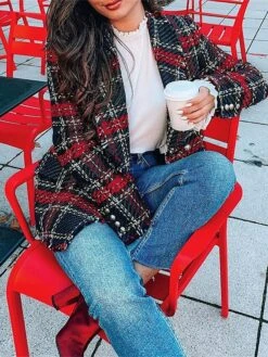Women's Blazer Formal Button Plaid Warm Christmas Streetwear Regular Fit Outerwear Xmas Long Sleeve Fall Claret S -Xmas Cothing Store sumcve1692767163454
